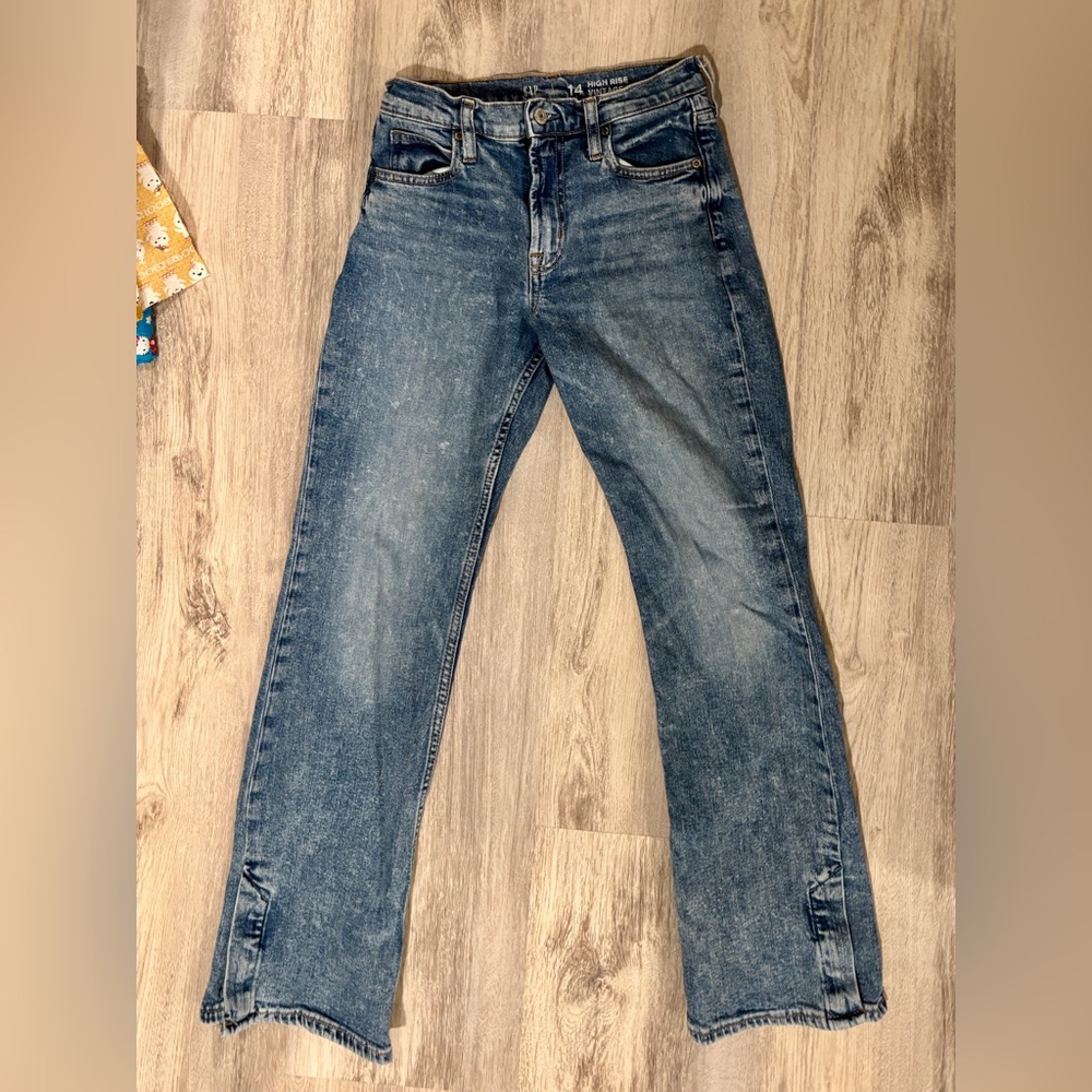 💙 GAP Girls Jeans Size 14 Blue Straight Leg Raw Hem Slit Denim